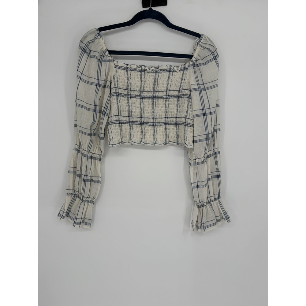 New Imperfect Zara White With Blue Plaid Blouse Crop Top Puffy Sleeve Size M